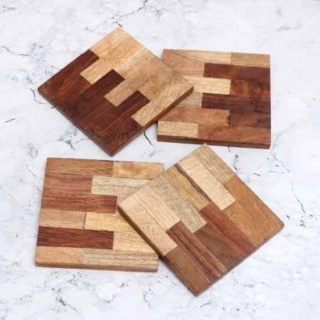 Brown Vintage Style Wooden Coasters - Pack of 4